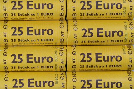 Bar, Montenegro - 26 September 2017: twenty-five euro sticks of one euro coinsのeditorial素材