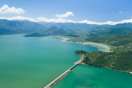Aerial view of Skadar lake and dam, Montenegroの写真素材