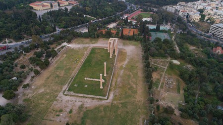 aerial view of Temple of Zeus at Olympia in Athens and modern part of the cityの写真素材