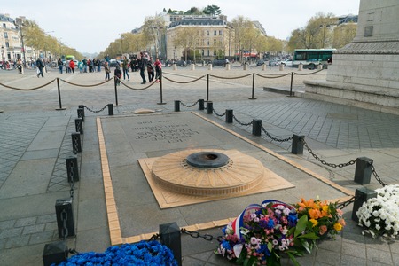 Paris, France - April 2, 2019: Eternal flame of the Tomb of the Unknown Soldier under the Triumphal archのeditorial素材