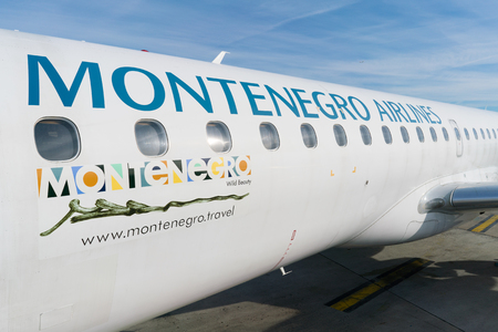 Paris, France - April 5, 2019: plane Embraer ERJ-195LR 4O-AOA of montenegro airlines at Charles de Gaulle Airportのeditorial素材