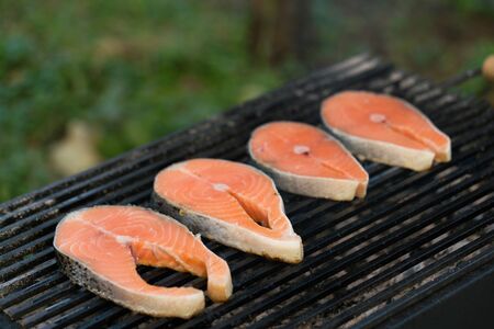 salmon steaks are prepared on the grill, outsideの写真素材