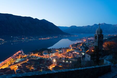 night panorama of the old town of Kotor in Montenegroの写真素材