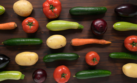 vegetables assortment on dark wooden surface, top view