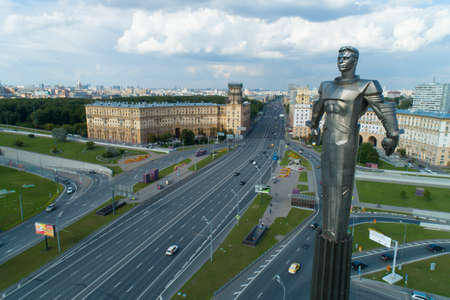 Moscow, Russia - July 22, 2019: aerial view of Yuri Gagarin monument on Gagarin Square on a sunny...