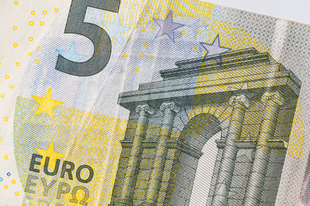 fragment of five Euro bill. 5 euro banknote close-up.