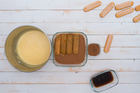 Tiramisu cake step by step recipe. Ingredients for cooking tiramisu dessertの写真素材