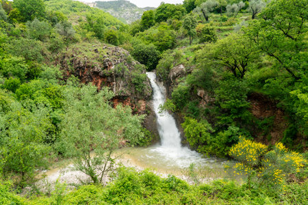 Water stream of mountain waterfall flowing between picturesque rocksの写真素材