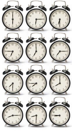 Set of alarms showing a different time, isolated on a white backgroundの写真素材