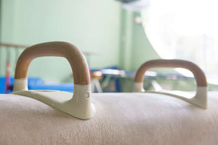 Gymnastic equipment in vintage style set in the gym On a blurry background, you can see the equipment of the hall for sportsの写真素材
