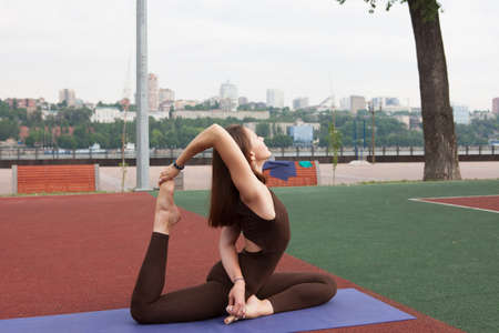 Beautiful woman doing Vriksasana pose on yoga class Group of women practicing yoga in park Joint...