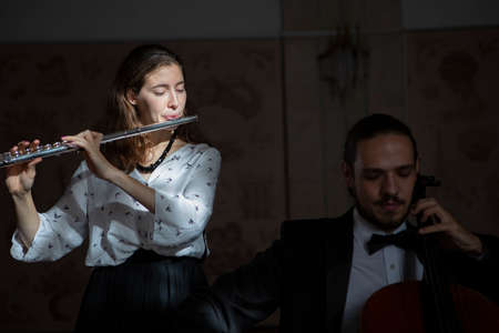 Young musicians of the symphony orchestra Duet Close-upの写真素材