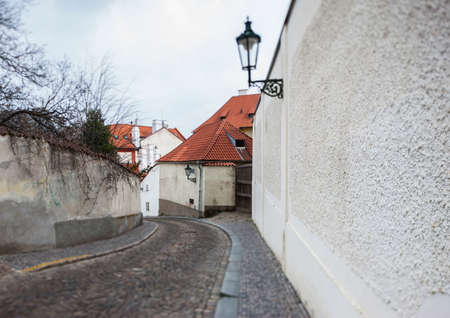 Ancient European street Cobblestone street Vintage street lights A special lens was used to tilt the optical axis. Landscapeの写真素材