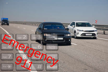 Emergency call use by phone. Concept car accidents and emergency. close up Limited depth of field