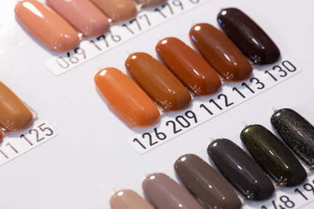 Manicure color picker set. Samples of nail varnishes close up. Collection of bright color nail...