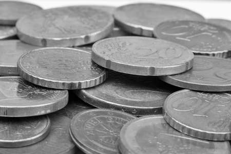 Coins background. euro coins. cent coins. euro cents Selective focus Close-up Black and white imageの写真素材