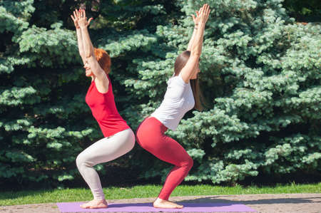 Two beautiful and happy young women doing yoga exercises and in the park on a sunny day in close-up Portraitの写真素材