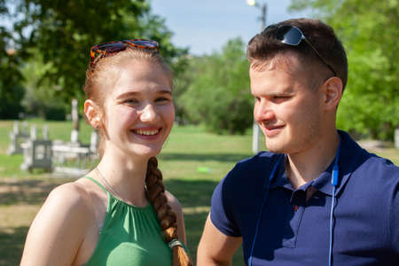 Portrait of in love young couple in town Close-up
