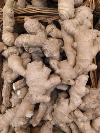 fresh ginger on the shelf in the store Soft focus. Close-up