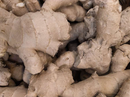 fresh ginger on the shelf in the store Soft focus. Close-up
