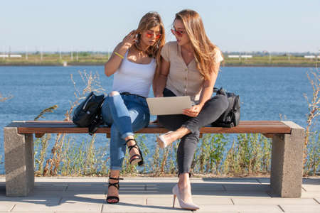 Two girls sit on a bench in the summer park. They look at the laptop screen. Portrait.の写真素材