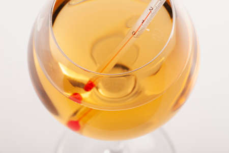 Measuring White Wine Temperature with a Wine Thermometer. Close-upの写真素材