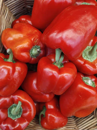Orange, green and yellow sweet mix bell peppers close up bulgarian pepper fresh, assorted colorful capsicum paprika on a counter in the supermarket.の写真素材