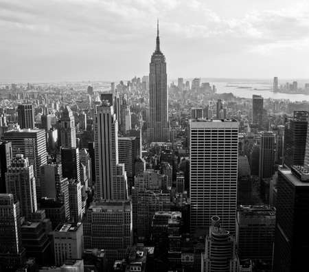 View of downtown Manhattan from atop a skyscraper, New York City.の写真素材