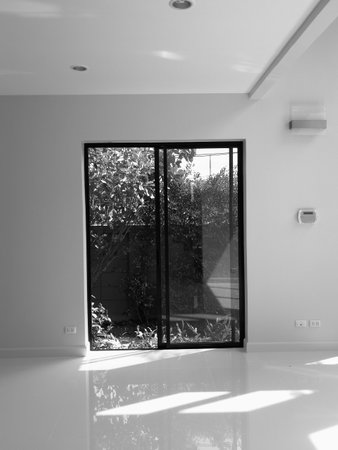 interior of new house, view from the window, black and white