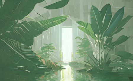 3d rendering of green plants in the interior of a tropical houseの素材