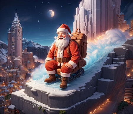 Santa Claus sitting on a sleigh against the background of the city.の素材