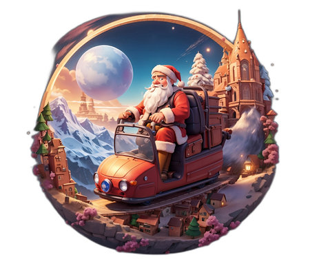 Santa Claus riding on a retro car in the city. 3D illustration, building in a large cosmos.の素材
