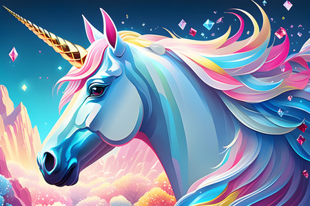 Unicorn vector illustration. Beautiful fantasy unicorn with rainbow mane and horn.の素材