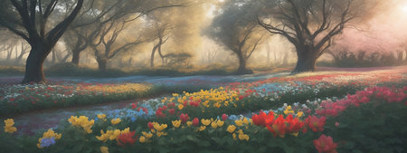 Tulips in a foggy forest at sunrise, 3d renderの素材
