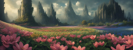 Panoramic view of a fantasy landscape with beautiful flowers and mountainsの素材