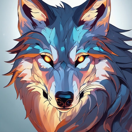Illustration of the head of a wolf in a blue background.の素材