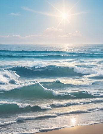 Beautiful seascape with waves and sun. Nature composition. ai generatedの素材
