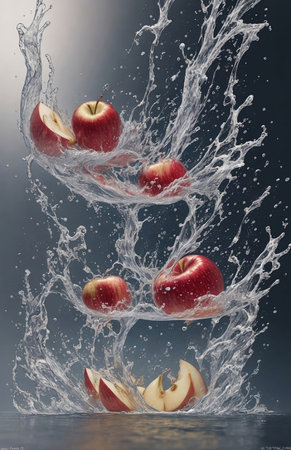 Red apples falling into water with splash on grey background. Concept of healthy eating. ai generatedの素材