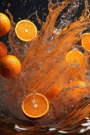 Fresh oranges falling into water with splash on black background, closeup. ai generated images. ai generated images.の素材