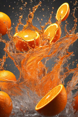 Orange fruit with water splash on black background. 3d illustration. ai generated images.の素材