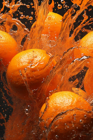 Fresh oranges falling into water with splash on black background, closeup. ai generated images.の素材