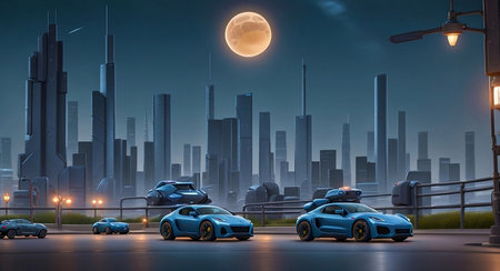 3D rendering of a futuristic city at night with cars and moon. ai generated images.の素材