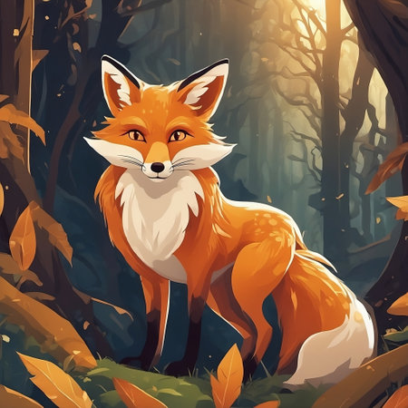 Cute cartoon fox in the forest. Vector illustration for your design. ai generated images.の素材