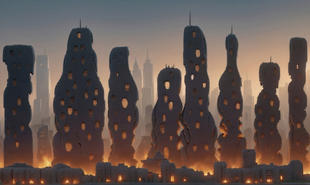 3d rendering of the city with skyscrapers in the fogの素材