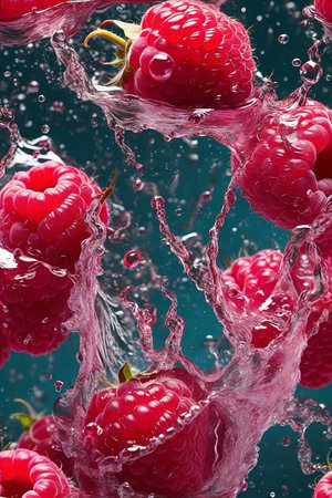 ripe raspberries falling into water with splash on blue backgroundの素材