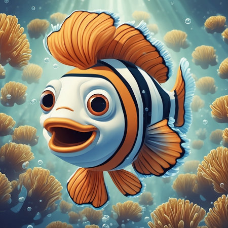 Cute cartoon clownfish in the sea. 3D illustration.の素材