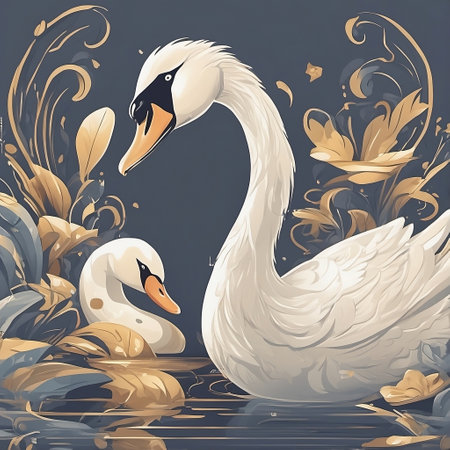 Vector illustration of two swans swimming on the lake with leaves.の素材