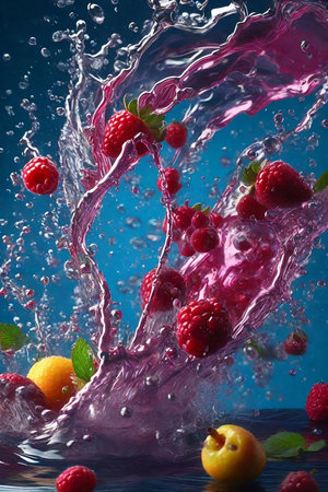 Fruit splashing into water on a blue background. Raspberries, lemons and apricots.の素材