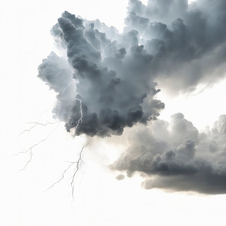 Dramatic stormy sky with white clouds and lightning. Nature backgroundの素材