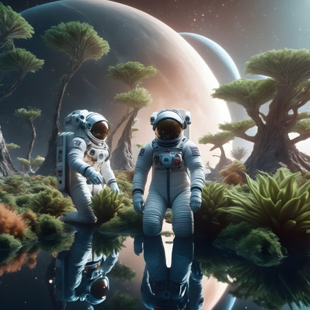 Astronaut and alien in the deep space. 3D rendering. ai generativeの素材